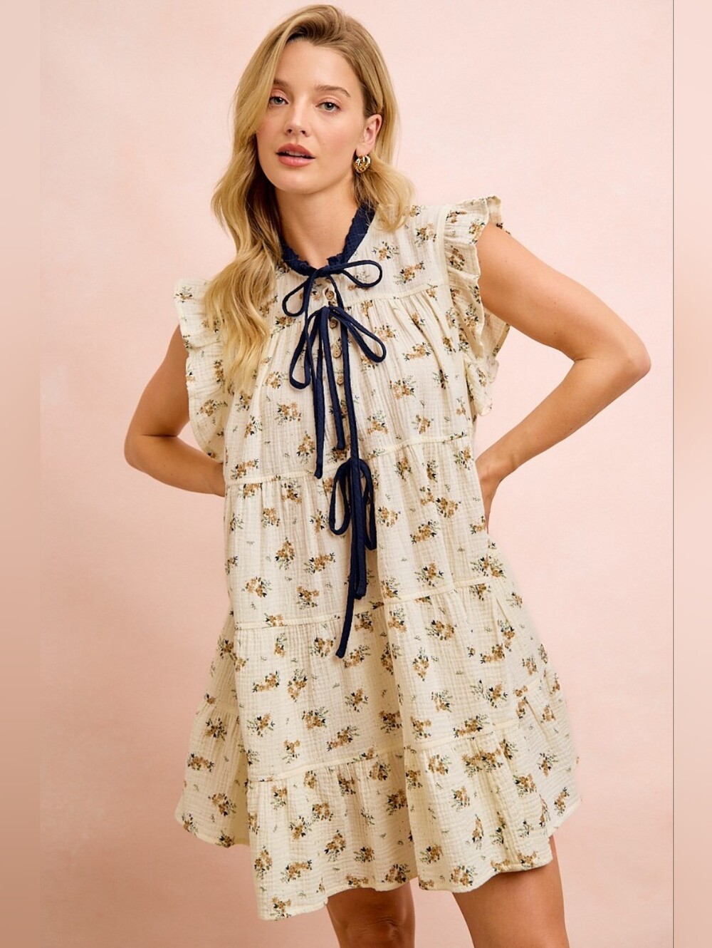 BiBi Floral Multi-tierd Dress With Ruffles And Front Tie- Cream Navy - Picture 3 of 13